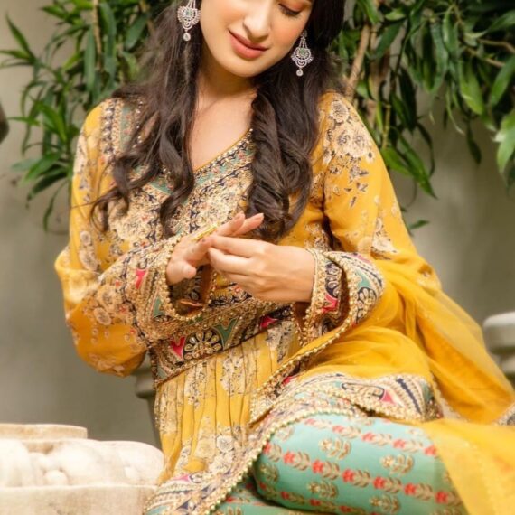 Mustard Green Trouser Suit with Digital Printed Crape Highlighted