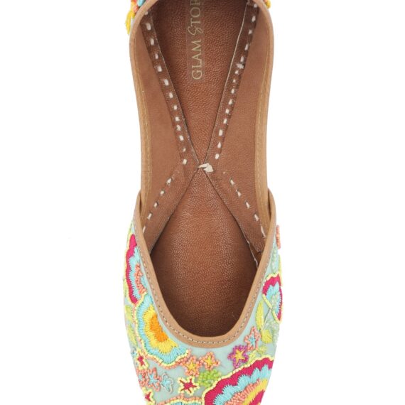 Traditional Indian Punjabi Juttis Women Ladies Mojari Ethnic Shoes Handmade Jutti Comfort Flat Shoes Blue