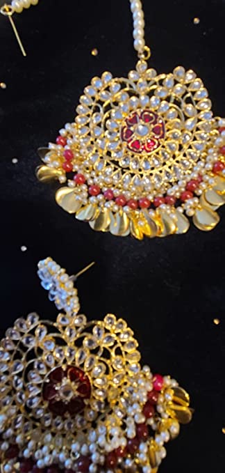 Maroon Traditional Kundan & Pearls Gold Plated Maang Tikka & Earrings for Women