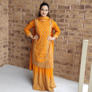 Deep Tangerine-Mustard Pakistani Sharara Suit with Golden Tilla Embroidery