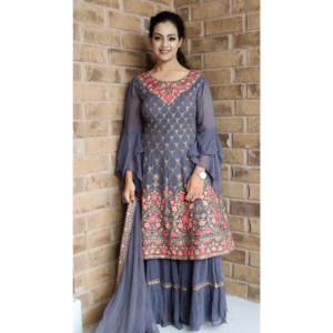 Soft Lilac Georgette-Chiffon Gharara Suit with A-line Fit in Thread Embroidery