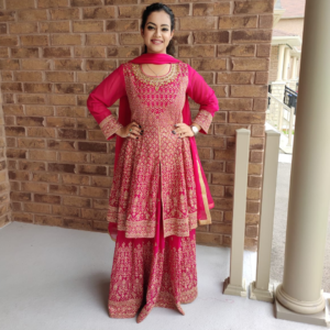 Hot Pink Gharara A-line Suit with all-over Heavy Golden Tilla Jaal Work