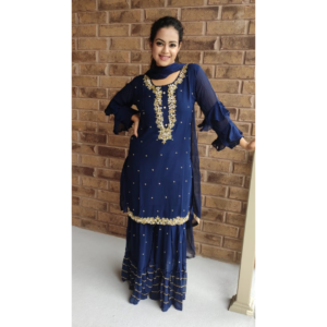Navy Blue Gharara Suit with Handwork Gotta-patti and Ruffle Sleeves