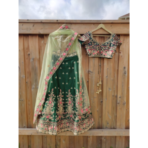 Forest Green Raw Silk Multi-coloured Embroidery Lehenga Set