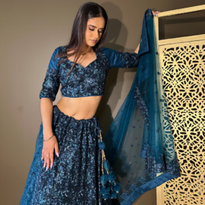 Teal All-over Embroidered Heavy Wedding-Reception Lehenga in Sequins with Big Latkans