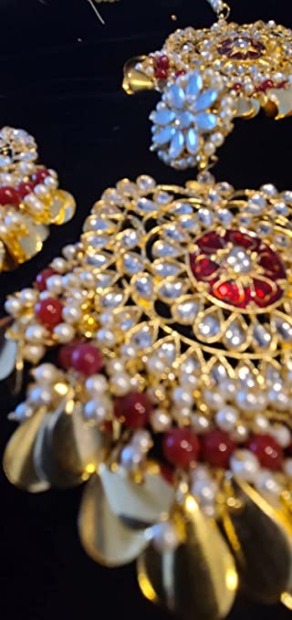 Maroon Traditional Kundan & Pearls Gold Plated Maang Tikka & Earrings for Women