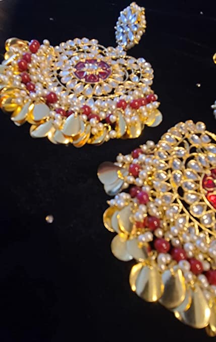 Maroon Traditional Kundan & Pearls Gold Plated Maang Tikka & Earrings for Women