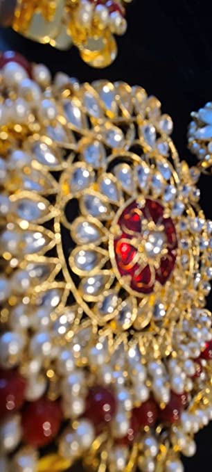 Maroon Traditional Kundan & Pearls Gold Plated Maang Tikka & Earrings for Women