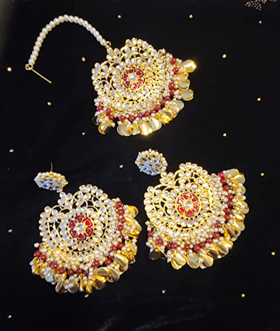 Maroon Traditional Kundan & Pearls Gold Plated Maang Tikka & Earrings for Women