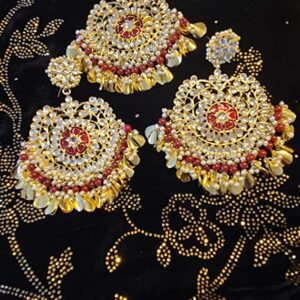 Maroon Traditional Kundan & Pearls Gold Plated Maang Tikka & Earrings for Women