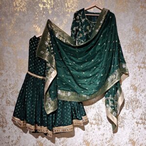 Green Floral Designer Fancy Wedding Party-wear Silk Sharara Salwar Suit With Dupatta