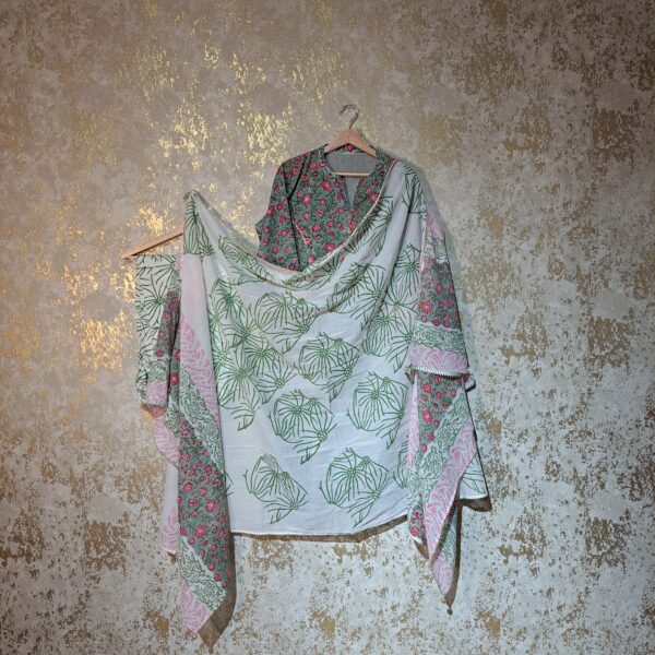 Designer Green Floral Block Printed Pure Cotton Casual Trouser Punjabi Suit with Dupatta Dresses