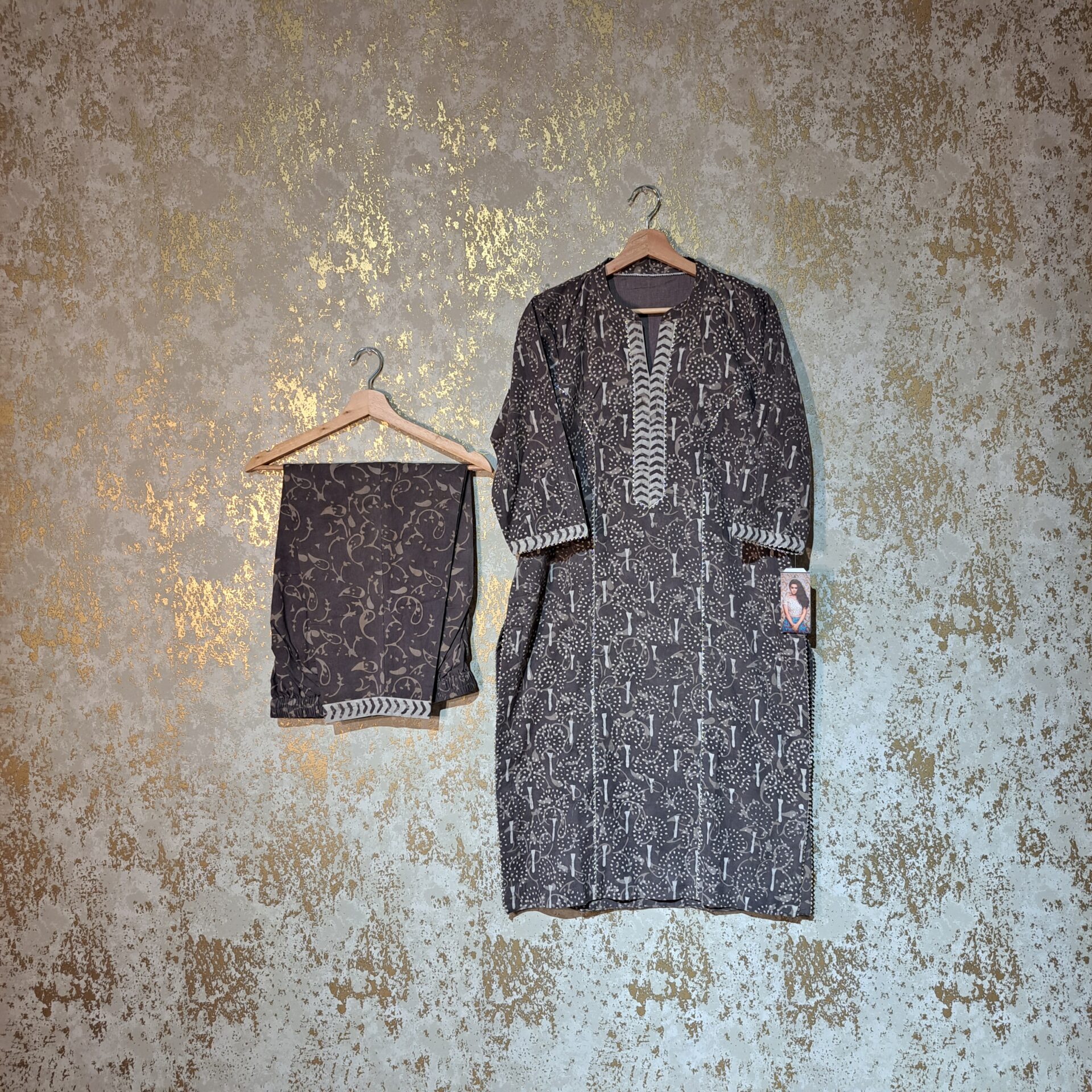 Designer Grey Block Printed Pure Cotton Casual Trouser Punjabi Suit with Dupatta Dresses - Image 2