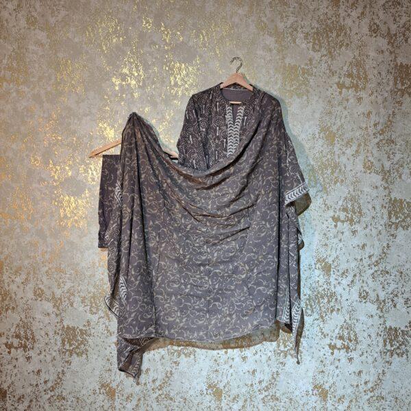 Designer Grey Block Printed Pure Cotton Casual Trouser Punjabi Suit with Dupatta Dresses