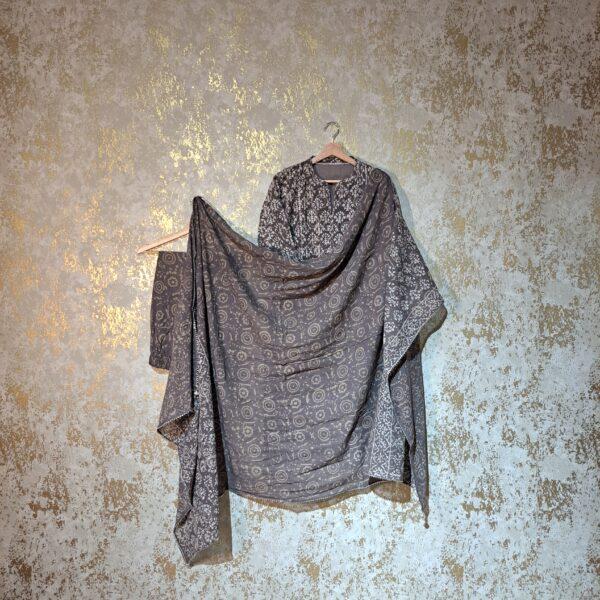 Designer Grey Block Printed Pure Cotton Casual Trouser Punjabi Suit with Dupatta Dresses
