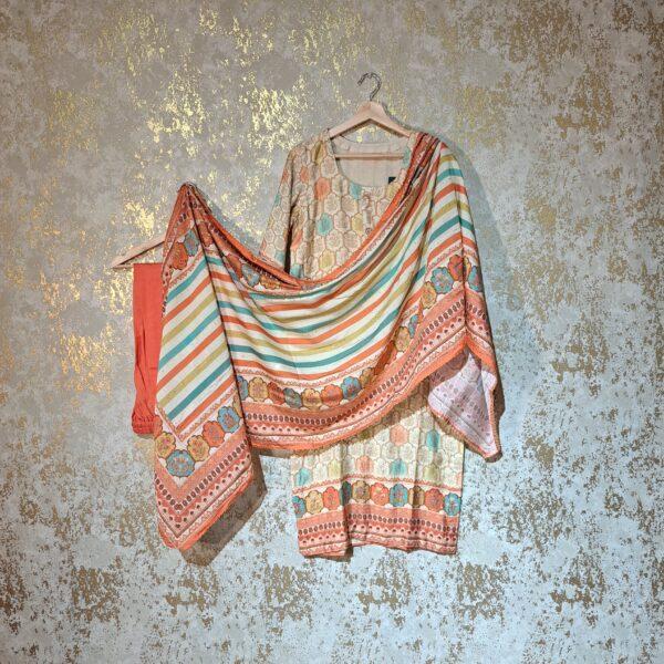 Off White Peach Printed Pure Cotton Casual Trouser Suit with Dupatta Dresses