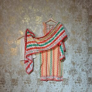 Off White Red Printed Pure Cotton Casual Trouser Suit with Dupatta Dresses