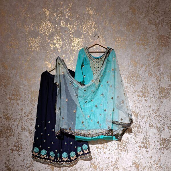 Designer Firozi & Navy Blue Party Wear Palazzo Suit With Dupatta Dresses Ladies Girls Ethnic Wear Indian Handmade Boutique