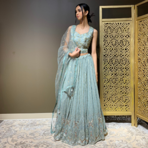 Dusty Mint Lehenga Set with Sequin Work and Mirror Handwork Blouse
