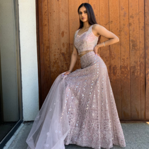 Pearl & Mirror work heavy handwork formal lehenga set in kali-design with intricate work and tassel finishes