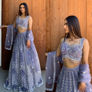 Mirror heavy handwork formal lehenga set in lilac-purple (kali-design) with intricate work and tassel finishes on choli