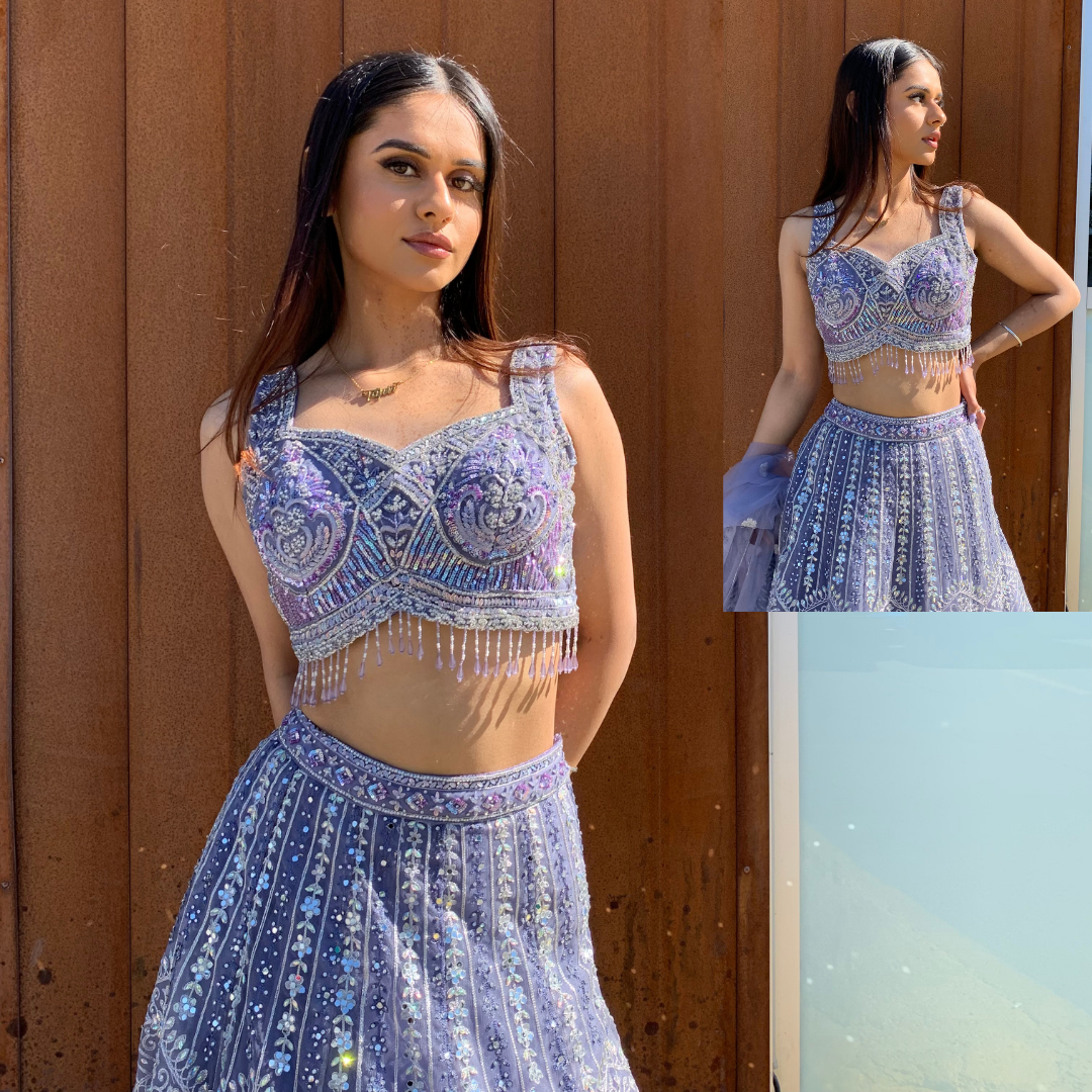 Mirror heavy handwork formal lehenga set in lilac-purple (kali-design) with intricate work and tassel finishes on choli - Image 2