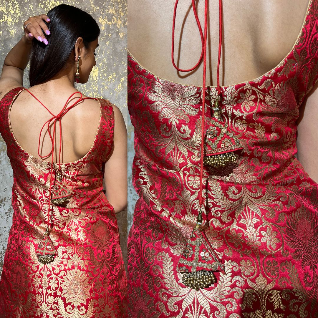 Good Red Brocade Short Shirt with Banarsi Sharara - Image 4