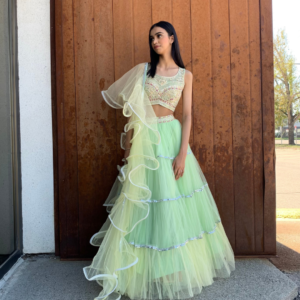 Green Ombre Net Poofy Princess Lehenga Set - heavy mirror handwork on blouse with sheer back