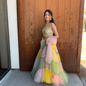 Rainbow Multi-coloured Net Poofy Princess Lehenga Set - heavy mirror handwork on blouse with sheer back