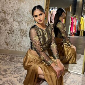 Oxy-Golden Dhoti Skirt with Black Backless Net Blouse