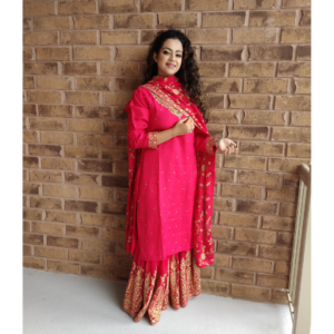 Rani/Hot Pink Sharara Suit in Silk and Golden Tilla Work