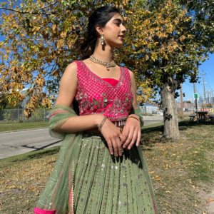 Hot-pink and Army Green Lehenga Set with Intricate Floral Handwork, Frill Design at the bottom and Tassels