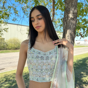 Mint Green Lehenga with Pearl & Mirror Handwork with Thread Motifs