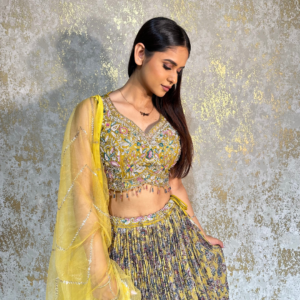 Mustard Yellow Lehenga with Heavy Handwork on Top (blouse) with Flowy Trendy Style Sequins Lehnga Skirt and light Net Dupatta