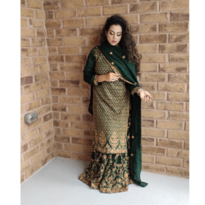 Bottle Green Pakistani Sharara Suit with all-over Golden Tilla Embroidery Pure Silk