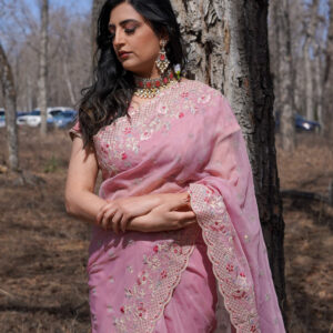 Blush Pink Organza Saree with Embroidered Floral Borders - Drape Style