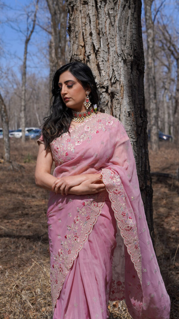 Blush Pink Organza Saree with Embroidered Floral Borders - Drape Style