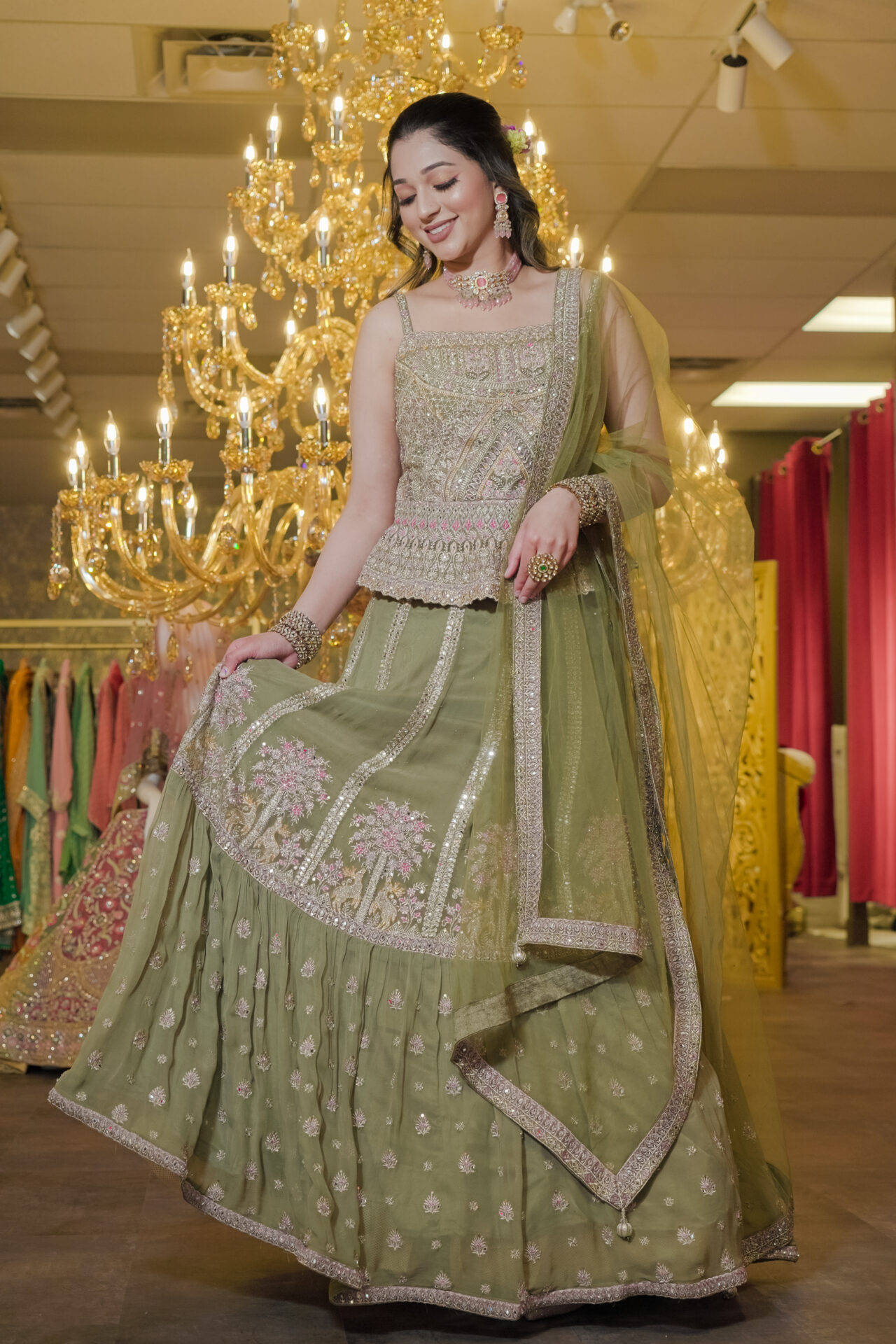 Green Designer Lehenga Choli Mehndi Sangeet Indo Western Partywear Dresses Ladies Girls Ethnic Wear Indian Boutique - Image 2
