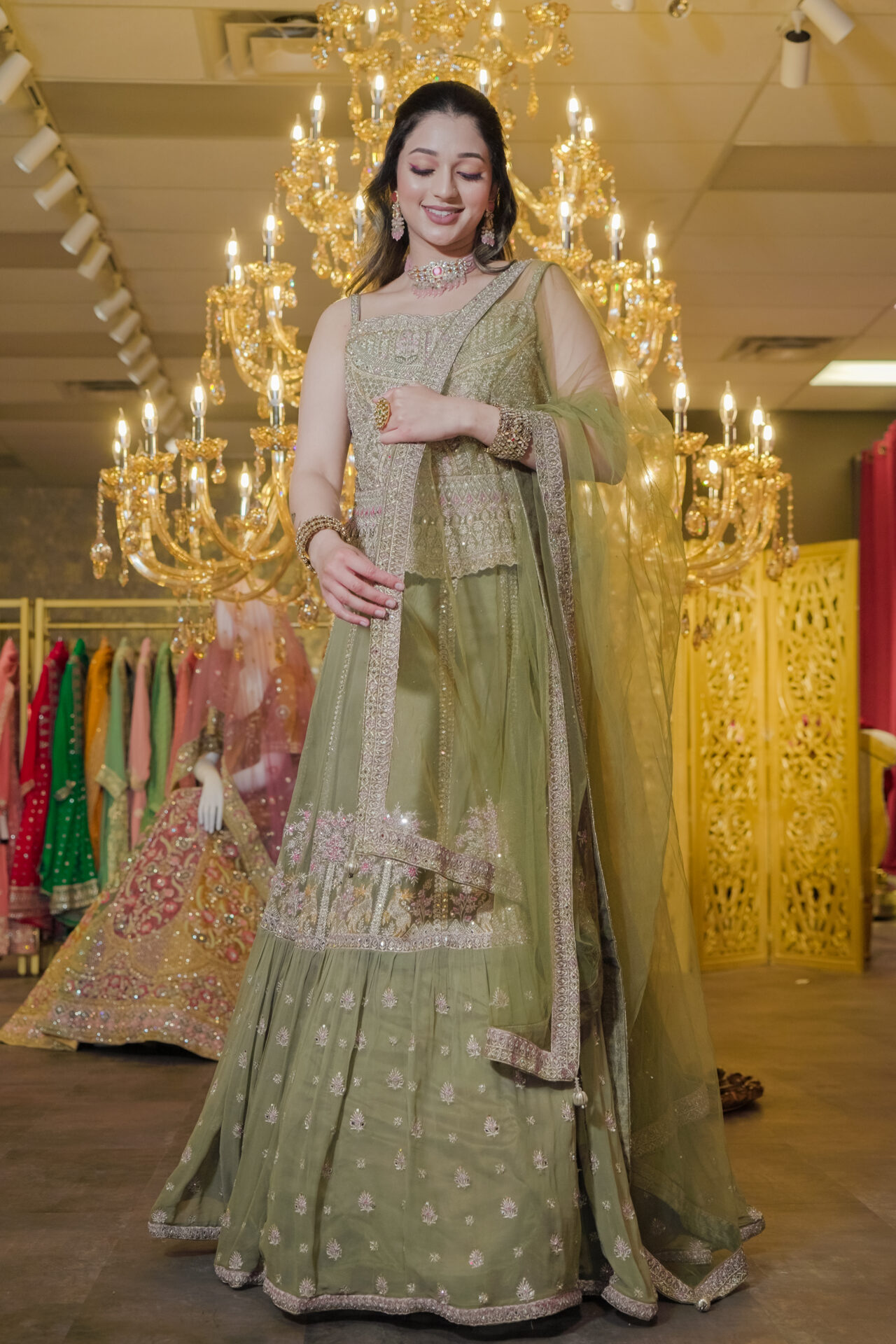 Green Designer Lehenga Choli Mehndi Sangeet Indo Western Partywear Dresses Ladies Girls Ethnic Wear Indian Boutique - Image 3