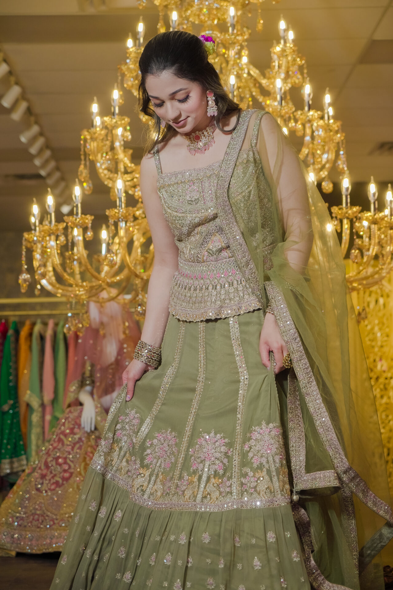 Green Designer Lehenga Choli Mehndi Sangeet Indo Western Partywear Dresses Ladies Girls Ethnic Wear Indian Boutique - Image 4