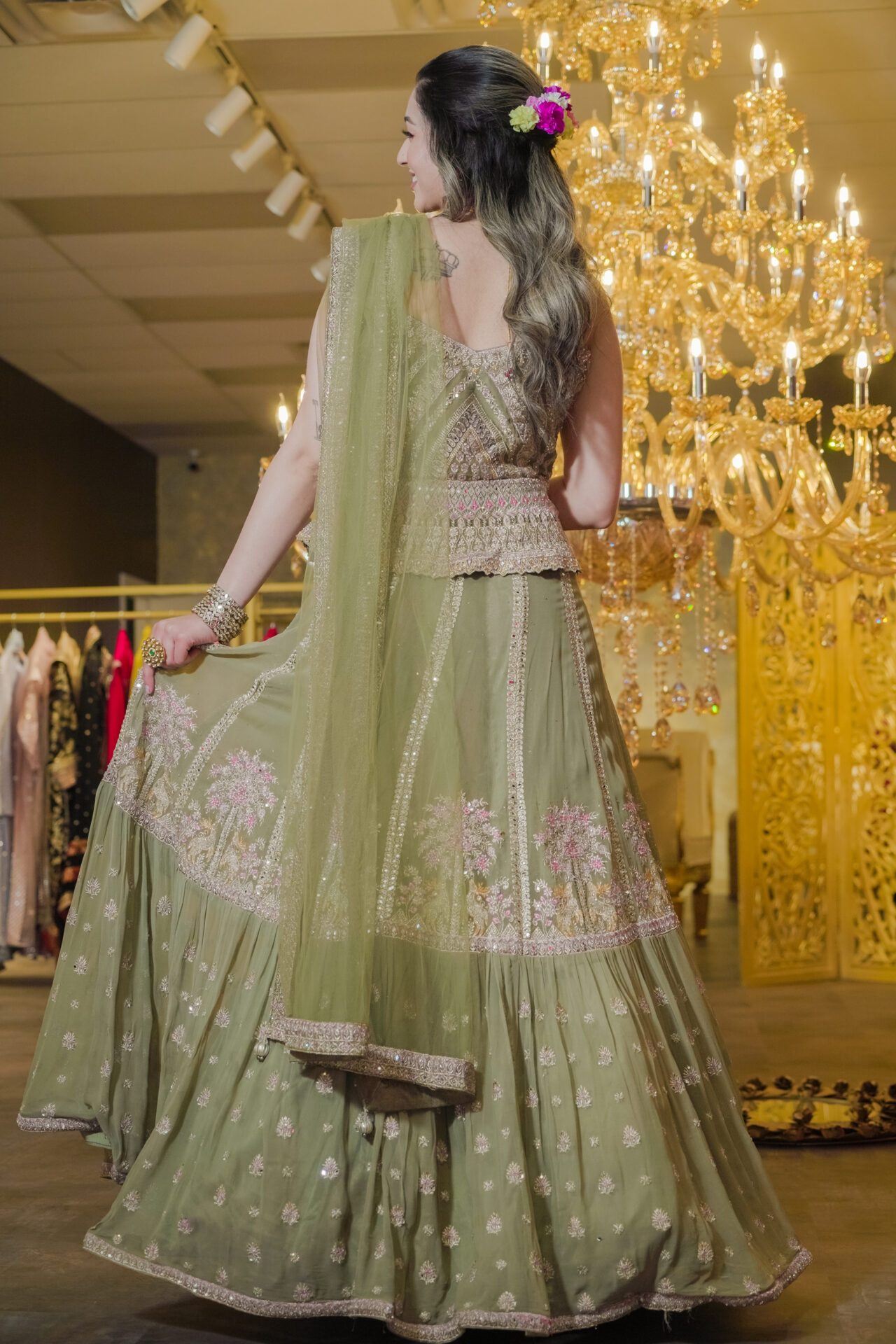 Green Designer Lehenga Choli Mehndi Sangeet Indo Western Partywear Dresses Ladies Girls Ethnic Wear Indian Boutique - Image 5