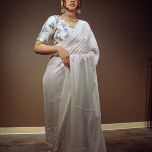 Silver Shimmer Saree with Heavy Embroidered Sequence Work Blouse