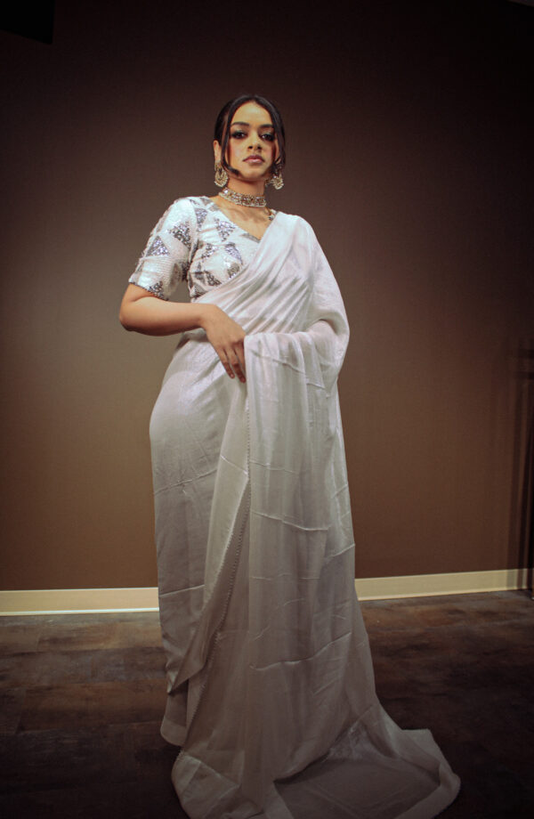 Silver Shimmer Saree with Heavy Embroidered Sequence Work Blouse