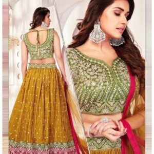 Designer Georgette Lehenga Blouse with Heavy Handwork Mustard Green