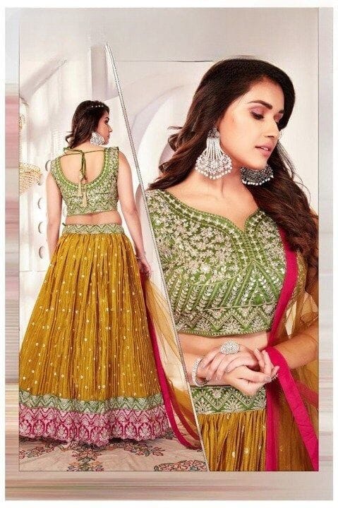 Designer Georgette Lehenga Blouse with Heavy Handwork Mustard Green