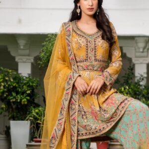 Mustard Green Trouser Suit with Digital Printed Crape Highlighted