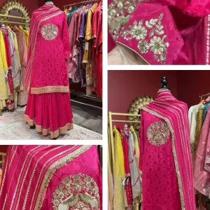 Pink Self-Chiffon Sharara Suit with Handwork Motifs and Gotta Duppatta
